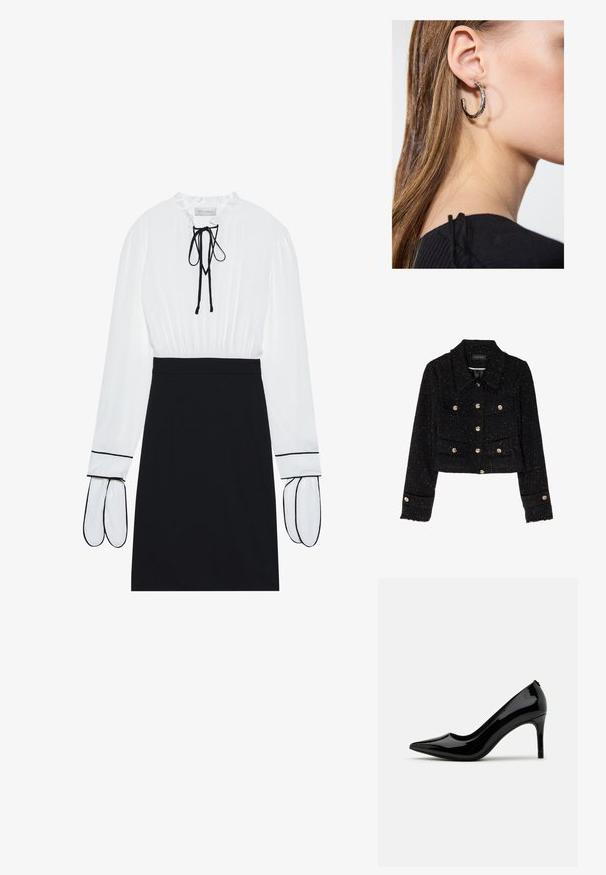Anna Field by Zalando Veste légère - black; Blouse blanche avec un col froncé et un cordon de serrage ; jupe noire ajustée avec des passepoils blancs contrastants sur les manches. Texture de tissu lisse.; Pump à talon haut en cuir verni noir avec un bout pointu et une silhouette épurée, présentant une texture lisse et un design minimaliste.; Boucle d'oreille en argent avec une finition polie, présentant de petits détails en or et de forme ronde, portée sur le lobe.