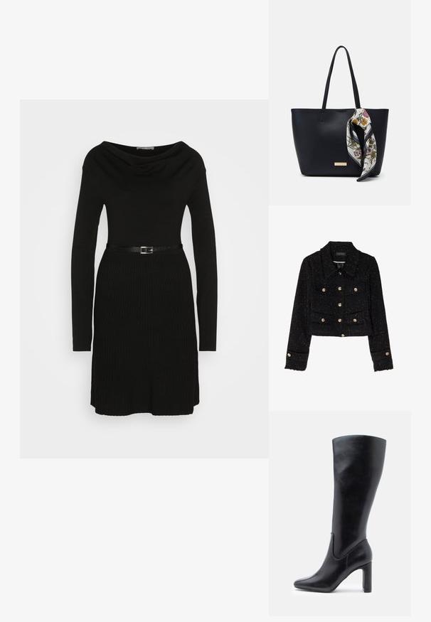 Anna Field by Zalando Veste légère - black; Anna Field by Zalando Robe pull - black; Bottes en cuir noir hauteur genou au design épuré, à bout pointu et talon bloc de 10 cm, avec des détails de couture subtils.; Sac fourre-tout en cuir noir avec deux poignées, orné d'une écharpe en soie florale attachée à la poignée et d'un accent logo métallique à l'avant.