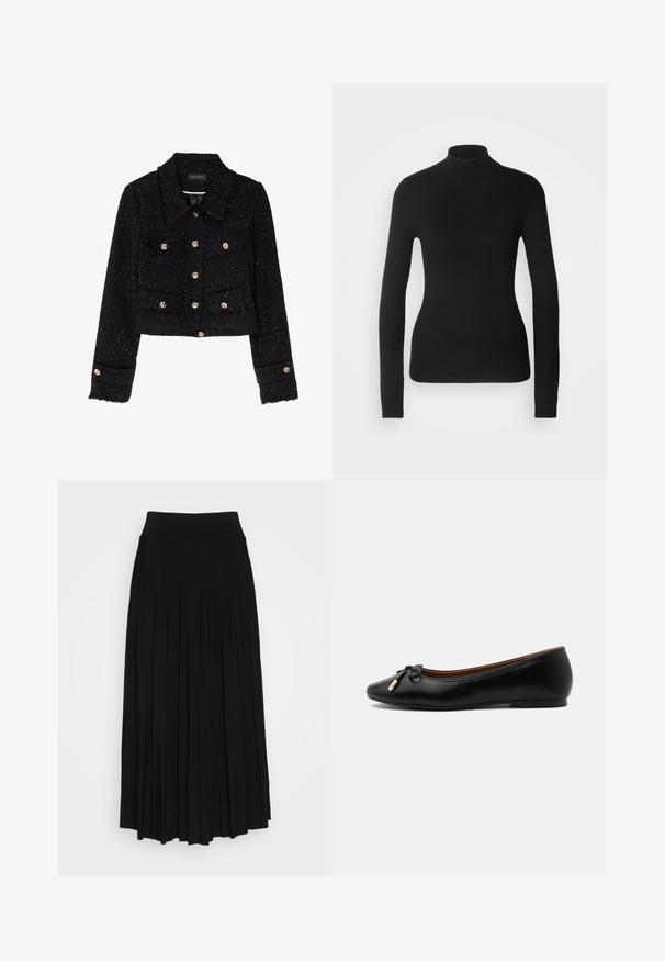 Anna Field by Zalando Veste légère - black; Pull à col roulé noir en maille légère. Il possède des manches longues, une coupe ajustée et une texture côtelée douce.; Jupe plissée noire avec une taille haute et extensible. Fabriquée en tissu doux, elle présente des plis verticaux pour une silhouette fluide.; Ballerine plate en cuir noir avec un bout arrondi, un petit nœud aux extrémités dorées et un talon plat et bas sur fond gris.