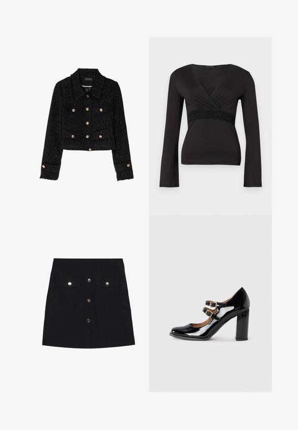 Anna Field by Zalando Veste légère - black; Top noir à manches longues enroulé avec décolleté en V et dentelle sous la poitrine, silhouette ajustée.; Jupe mini en denim noir avec une coupe droite, dotée de deux poches poitrine, de cinq boutons en métal argenté sur le devant et d'une texture lisse.; Chaussure Mary Jane en cuir noir verni avec deux straps à boucle et un talon épais, présentée en vue latérale sur un fond neutre.
