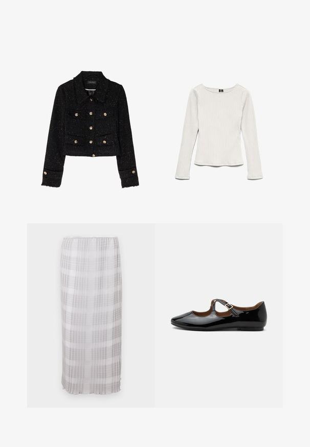 Anna Field Veste légère - black; Top blanc à manches longues côtelé avec un col rond, une silhouette ajustée et un léger évasement à l'ourlet, présenté sur un fond blanc.; Jupe longue et transparente en blanc avec un motif à carreaux gris. Tissu doux et léger avec une taille élastique, se terminant à la longueur de la cheville.; Chaussure plate Mary Jane en cuir verni noir avec deux découpes et une bride à boucle dorée sur fond blanc.