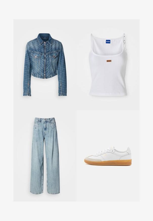 Gekürzte Jeansjacke mit zwei Fronttaschen, einem Reißverschluss und einem hellblauen Washed-Look mit dezenten weißen Nähten.; Weißes, geripptes Tanktop mit verstellbaren Trägern, ausgestattet mit einem blauen Logolabel und einem kleinen braunen Etikett, gefertigt aus weichem, dehnbarem Material.; Helle blaue, hoch taillierte, weit geschnittene Jeans mit Fronttaschen, Knopfverschluss und Gürtelschlaufen vor einem schlichten weißen Hintergrund.; Weiße Ledersneaker mit beigen Wildlederakzenten, Gummi-Rahmen und Schnürdesign. Verfügt über dezente Markenkennzeichnung in Gold.