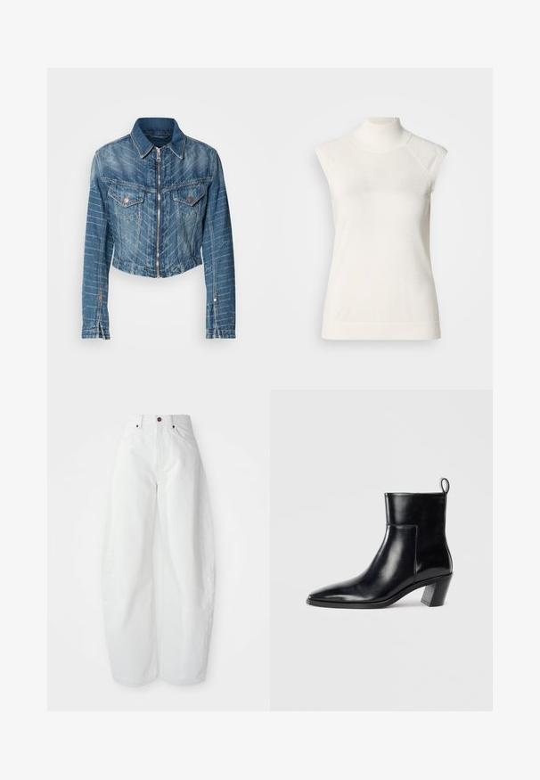 Gekürzte Jeansjacke mit zwei Fronttaschen, einem Reißverschluss und einem hellblauen Washed-Look mit dezenten weißen Nähten.; Ärmelloses weißes Turtleneck-Oberteil aus weichem Material; verfügt über einen figurbetonten Schnitt mit hohem Kragen und subtiler gerippter Struktur am Saum.; Hochtaillierte weiße Denim-Hose mit lockerer Passform. Einfacher Knopfverschluss, seitliche Taschen und minimalistisches Design. Glatte Textur.; Schwarze Leder-Ankleboots mit spitzem Zeh, geometrischem Blockabsatz und einem Zugband hinten. Glatte Textur und elegantes Design.