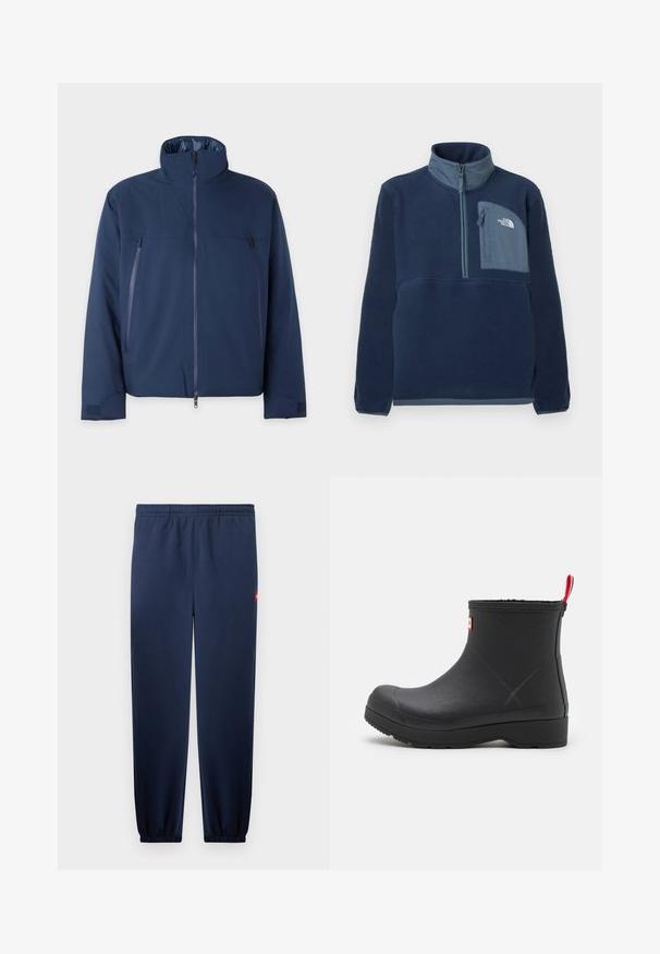 Veste bleu marine avec un col haut, fermeture à glissière à l'avant et deux poches poitrine zippées. Fabriquée dans un tissu lisse et durable avec une coupe confortable.; Veste en polaire bleu marine avec demi-fermeture éclair, col montant et poche poitrine zippée arborant le logo The North Face sur un panneau bleu clair.; Pantalon de survêtement bleu marine longueur totale avec taille et chevilles élastiques, comprenant une petite étiquette de logo rouge sur la hanche droite.; Botte de cheville en caoutchouc noir avec une texture lisse, bout rond et une languette rouge à l'arrière. Elle possède une semelle basse et robuste pour plus de durabilité.