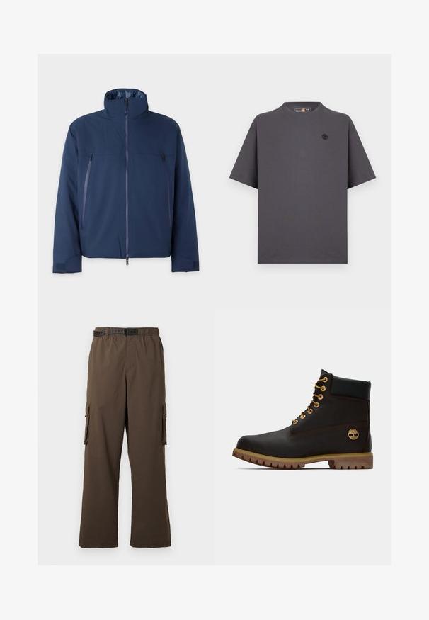 Veste bleu marine avec un col haut, fermeture à glissière à l'avant et deux poches poitrine zippées. Fabriquée dans un tissu lisse et durable avec une coupe confortable.; T-shirt gris foncé à manches courtes et col rond avec petit logo arbre Timberland noir sur la poitrine gauche, présenté à plat sur un fond clair.; Pantalon cargo marron à coupe ample, taille élastique et deux poches latérales. Il est doté d'une ceinture noire à motifs, avec une texture lisse.; Bottine noire en cuir avec œillets dorés, accents marron et semelle en caoutchouc. Comprend un col rembourré et un logo estampé sur le côté.