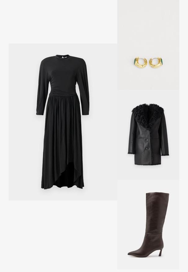 Must must coat faux karusnahast kraega, kahe esisegmendi taskuga ja nööbisahtliga. Sile tekstuur, keskmise pikkusega disain.; Pikk must kleit pehmest kangast, millel on pikad varrukad, kogutud vöökoht ja ebaühtlane hemline, mis loob voolava silueti.; Steve Madden LAVAN - Saapad - brown; Kuldtooniga rõngaskõrvarõngad, millel on roheline facetti kivikene. Sile pind kerge kaarega, poleeritud viimistlus ja minimalistlik disain.