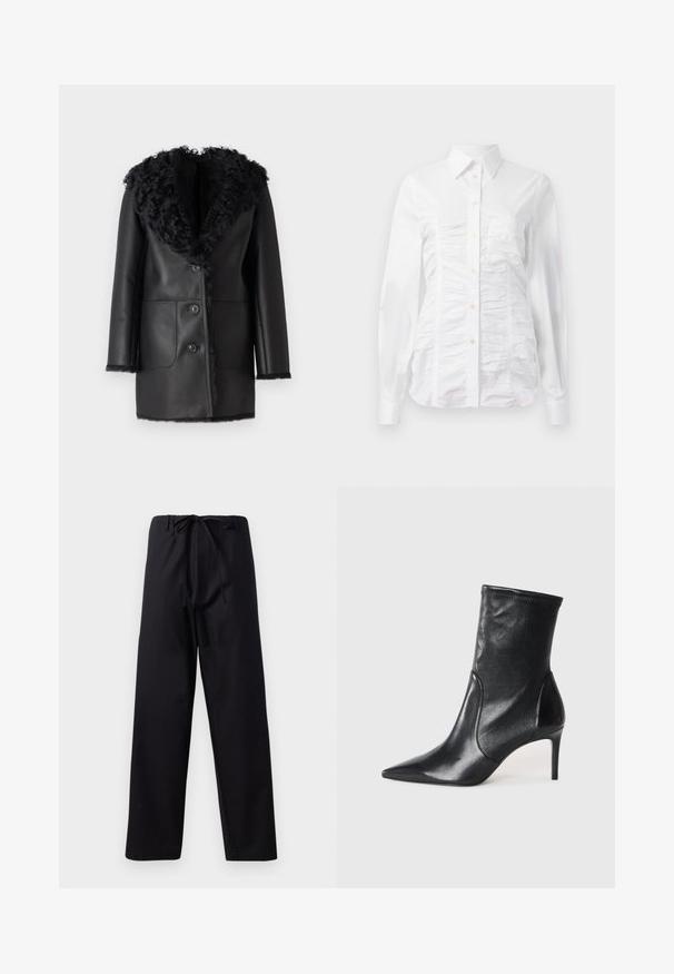 Must must coat faux karusnahast kraega, kahe esisegmendi taskuga ja nööbisahtliga. Sile tekstuur, keskmise pikkusega disain.; Valge nööpidega särk pikade varrukatega, millel on kortsus tekstuur ees, väiksed kuldsed nööbid ja standardne krae.; Mustad, keskmise kaaluga püksid, millel on paelaga vöökoht, sirge jala disain ja ilma nähtavate mustrite või aktsentideta. Sile tekstuur.; Mustad mustajalatsid, mis on valmistatud siledast nahast, omavad teravat nina, kitsast varre ja peenikest kõrget kontsa. Minimalistlik disain, ilma nähtava riistvaraeta.