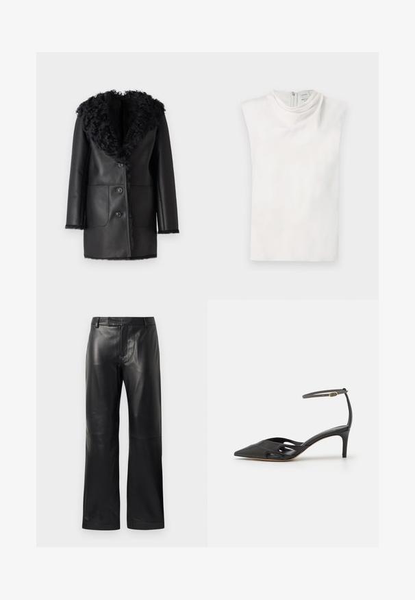Must must coat faux karusnahast kraega, kahe esisegmendi taskuga ja nööbisahtliga. Sile tekstuur, keskmise pikkusega disain.; Valge varrukateta topp kunstkaeluse ja seljaküljel lukuga, paigutatud sirgelt valgele taustale.; Mustad sirgedega faux nahast püksid, millel on vööloopid ja peidetud esikinnitus, esitlemine valgel taustal.; Must mustaharjal süngeteisega kingad, millel on terav varvas, avatud küljed ja õhuke pahkluuring, kus on väike kuldne detail.