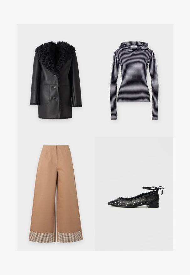 Must must coat faux karusnahast kraega, kahe esisegmendi taskuga ja nööbisahtliga. Sile tekstuur, keskmise pikkusega disain.; Mustvalge horisontaalsete triipudega pika varrukaga kapuutsiga pusa, millel on keha järgiv siluett ja sooniline tekstuur.; Kõrge vöökohaga laia säärega beežid püksid, millel on pruuni ja valgete ruuduliste kantidega mansetid, esiteljed ja varjatud esikinnitused.; Mustadest nahast baleriinakingad terava varbaosaga, paelaga seotavad ja hõbedaste naeltega kaunistatud külgedel. Madal, plokktald.