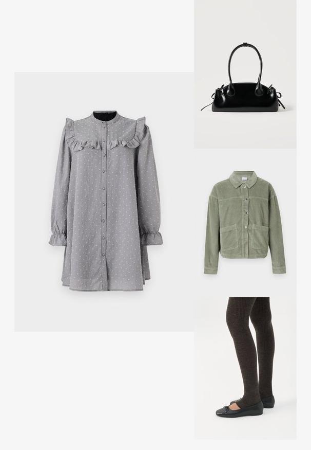 Veste en velours côtelé vert clair avec des manches longues, fermeture à boutons, deux grandes poches avant et un col classique sur fond uni.; Robe grise à boutons avec un col ruché, des manches longues et des poignets élastiques. Présente un motif texturé subtil et une coupe ample.; Jambes portant des leggings côtelés foncés associés à des ballerines noires avec de petits détails en nœud sur fond blanc.; Petit sac à main noir brillant avec deux longues anses et des détails à cordon sur les côtés sur un fond clair uni.