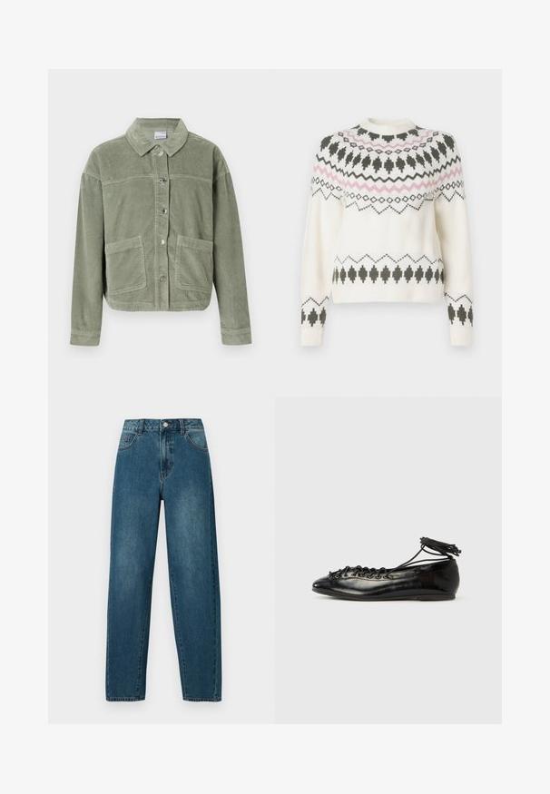 Veste en velours côtelé vert clair avec des manches longues, fermeture à boutons, deux grandes poches avant et un col classique sur fond uni.; Pull en tricot blanc avec des motifs géométriques noirs et roses sur la poitrine, les manches et l'ourlet, présentant un col rond et des poignets côtelés.; Jean en denim bleu foncé avec une coupe décontractée, design à cinq poches et détails de couture visibles. Le tissu est texturé et légèrement délavé.; Ballerines en cuir verni noir avec un bout rond, un design à lacets et une semelle plate. Texture lisse avec peu de détails.