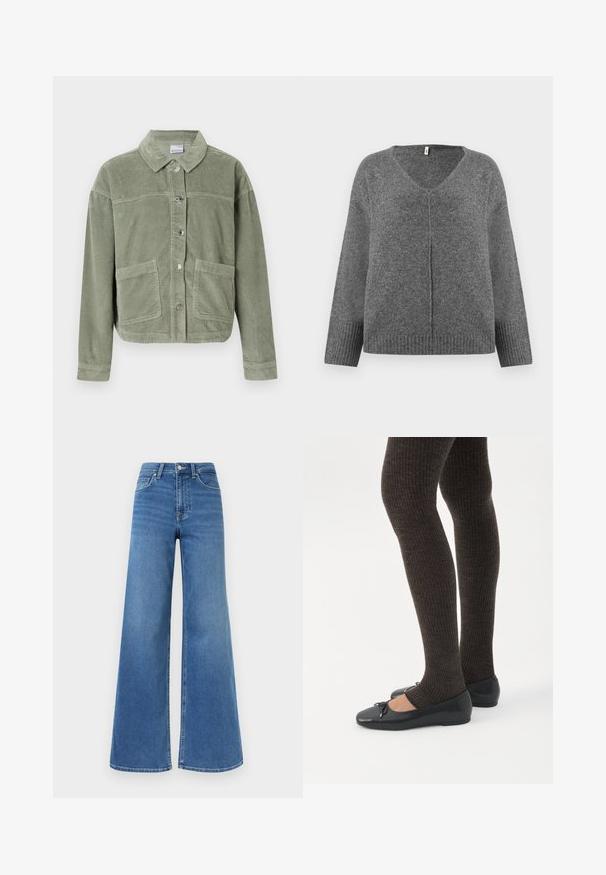 Lichtgroene corduroy jas met lange mouwen, knopenfront, twee grote voorzakken en een klassieke kraag op een effen achtergrond.; Grijze V-hals trui met lange mouwen, gemaakt van zacht materiaal. Heeft geribbelde details bij de manchetten en de zoom, met een losse, ontspannen pasvorm.; Blauwe denim jeans met hoge taille en wijde pijpen, vooraan een knoop- en ritssluiting, en zakken aan zowel de voorkant als achterkant.; Benen met donkere geribbelde leggings gecombineerd met zwarte ballerina's met kleine strikdetails op een witte achtergrond.
