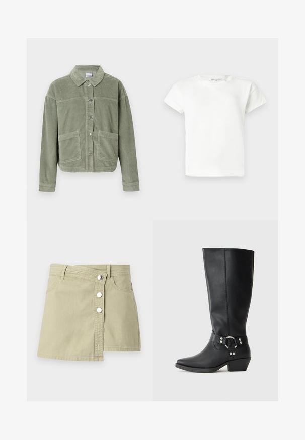 Veste en velours côtelé vert clair avec des manches longues, fermeture à boutons, deux grandes poches avant et un col classique sur fond uni.; T-shirt blanc uni à manches courtes et col rond, avec un ourlet droit, présenté sur un fond gris clair.; Jupe portefeuille en jean beige avec boutons-pression argentés à l'avant et passants pour ceinture, présentant un léger chevauchement sur le côté droit avant.; Bottines noires en cuir hauteur genou avec un bout pointu, dotées d'une sangle décorative à la cheville et d'accents en métal argenté. Talon bas empilé.