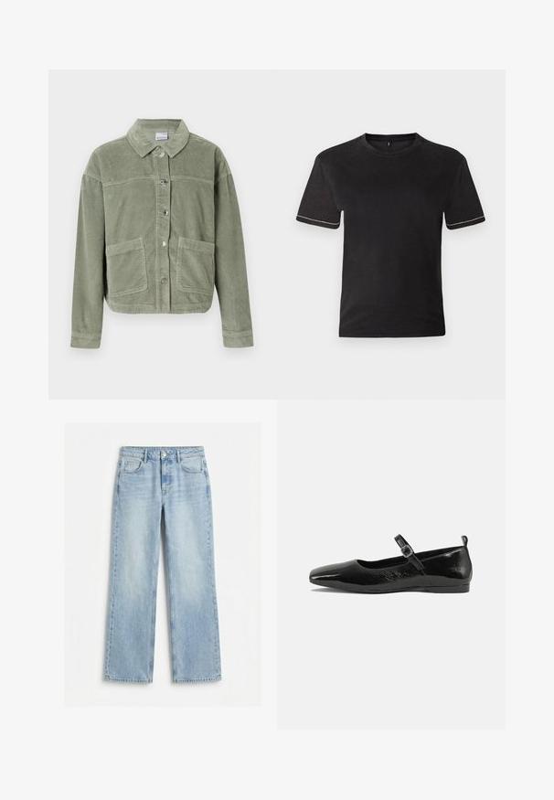 Veste en velours côtelé vert clair avec des manches longues, fermeture à boutons, deux grandes poches avant et un col classique sur fond uni.; T-shirt en coton noir à manches courtes, col rond et surpiqûres blanches contrastantes au niveau des poignets. Texture lisse, coupe décontractée.; Jeans en denim bleu clair à jambes larges avec poches avant, passants pour ceinture, fermeture par bouton et fermeture éclair, présentés à plat sur un fond blanc.; Chaussure plate en cuir verni noir avec un bout pointu, une sangle de cheville avec boucles, et une texture lisse et brillante. Talon bas pour le confort.