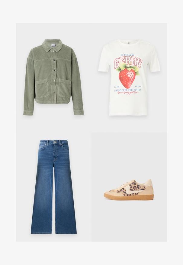 Veste en velours côtelé vert clair avec des manches longues, fermeture à boutons, deux grandes poches avant et un col classique sur fond uni.; T-shirt blanc à manches courtes avec un grand motif de fraise rouge et le texte « STRAW BERRY », « Farm Fresh » et « Handpicked Perfection ».; Jean en denim bleu à jambes larges avec poches avant et arrière, passants pour ceinture et fermeture par bouton.; Baskets en imprimé léopard avec tige en suède beige, semelle en caoutchouc tan et accents blancs. Bout rond et design à lacets avec une finition texturée.