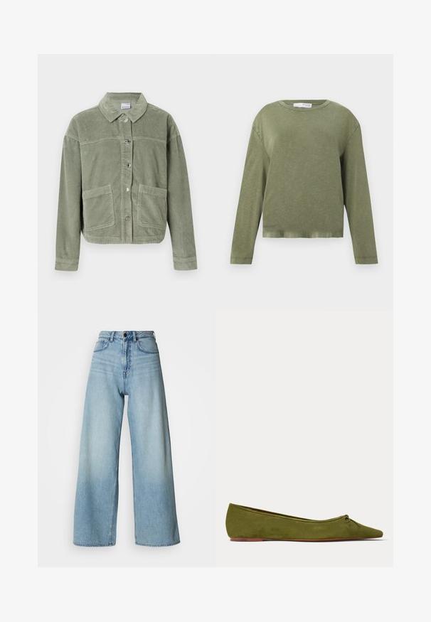 Lichtgroene corduroy jas met lange mouwen, knopenfront, twee grote voorzakken en een klassieke kraag op een effen achtergrond.; Olijfgroen langemouwen crewneck shirt met een relaxte pasvorm en een iets gecroppte zoom op een effen witte achtergrond.; Lichtblauwe, hooggetailleerde wijde jeans van denim, met een ontwerp van vijf zakken en subtiele vervaging voor textuur.; Ballerina veterschoen van olijfgroen suède met een kleine strik op de afgeronde puntige neus en een dunne bruine zool.