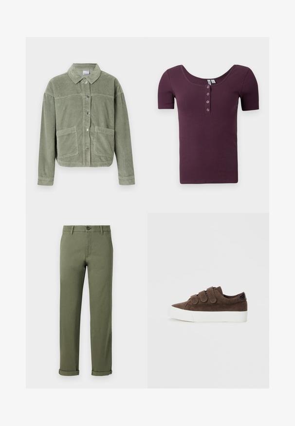 Veste en velours côtelé vert clair avec des manches longues, fermeture à boutons, deux grandes poches avant et un col classique sur fond uni.; T-shirt à manches courtes en maille de couleur prune avec un col en scoop et quatre boutons-pression argentés sur la patte de boutonnage avant.; Pantalon en coton vert olive à coupe droite, avec une fermeture à boutons à l'avant et des revers roulés. Texture lisse, design minimaliste.; Baskets en velours côtelé marron avec trois bandes Velcro, semelle en caoutchouc blanc et tissu texturé pour plus de détail.