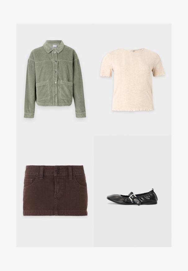 Veste en velours côtelé vert clair avec des manches longues, fermeture à boutons, deux grandes poches avant et un col classique sur fond uni.; Haut tricoté beige à manches courtes avec col rond et motif côtelé vertical discret, sur fond uni gris clair.; Mini-jupe en denim marron avec poches avant, passants de ceinture et double fermeture à boutons sur un fond clair uni.; Chaussure plate en cuir noir avec un nez pointu, des détails froncés autour de l'ouverture et un accent en boucle argentée sur la bride ajustable.