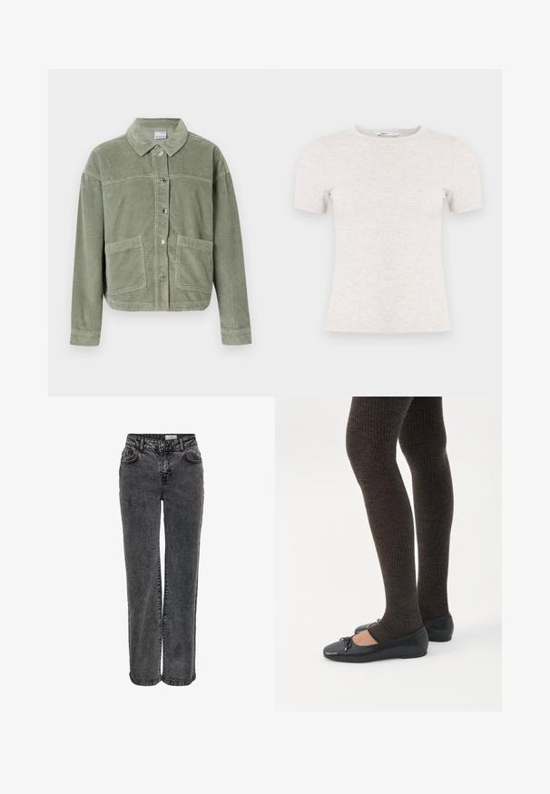 Veste en velours côtelé vert clair avec des manches longues, fermeture à boutons, deux grandes poches avant et un col classique sur fond uni.; T-shirt gris clair à manches courtes en tissu côtelé avec un col rond. Design simple, texture lisse, sans motifs ni accents visibles.; Jeans en denim noir au design droit, avec poches avant, passants de ceinture et une texture légèrement délavée.; Jambes portant des leggings côtelés foncés associés à des ballerines noires avec de petits détails en nœud sur fond blanc.