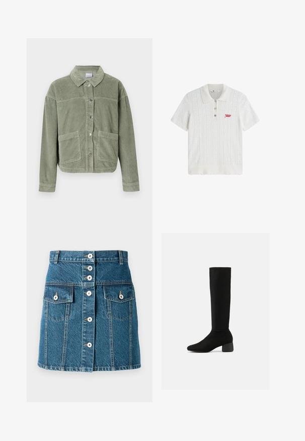 Chaqueta de pana verde claro con mangas largas, cierre de botones, dos grandes bolsillos frontales y un cuello clásico sobre un fondo liso.; Polo de punto blanco de manga corta con patrón texturizado, tres botones, bordes ondulados y pequeño logo rojo "tommy jeans" en el pecho.; Falda de mezclilla en azul medio con cierre de botones al frente, dos bolsillos laterales y cintura ajustada. Presenta costuras en contraste y botones de tono plateado.; Bota negra hasta la rodilla con parte superior elástica, tacón ancho redondeado y punta ligeramente puntiaguda, vista de lado sobre fondo blanco.