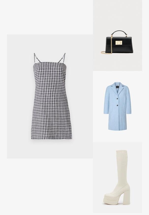Manteau bleu clair en mélange de laine avec une surface texturée, col à revers, deux poches avant et deux boutons noirs pour la fermeture.; Robe à carreaux noir et blanc avec des bretelles fines, silhouette droite et corsage ajusté. Matière en coton avec une texture lisse.; Steve Madden CYPRESS - Bottes à plateau - off white; Sac à main en cuir noir à la forme structurée, doté d'une poignée supérieure et d'une bandoulière chaîne ton or. Ornements dorés décoratifs avec détail de logo.