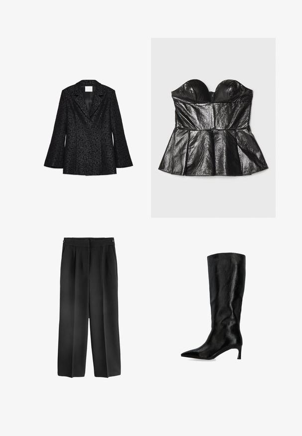 Sort blazer med blomstermønster, spidse klapper, lange, flagrende ærmer og en glat indvendig foret. Har en skræddersyet pasform og en struktureret form.; Sara Battaglia SWEETHEART - Top - black; Sorte breddebenede bukser med høj talje, der har frontfoldninger og sidelommer. Fremstillet af et glat, letvægtsstof.; Sort læder knæhøj støvle med høj hæl, spids tå og tekstureret finish på hvid baggrund.
