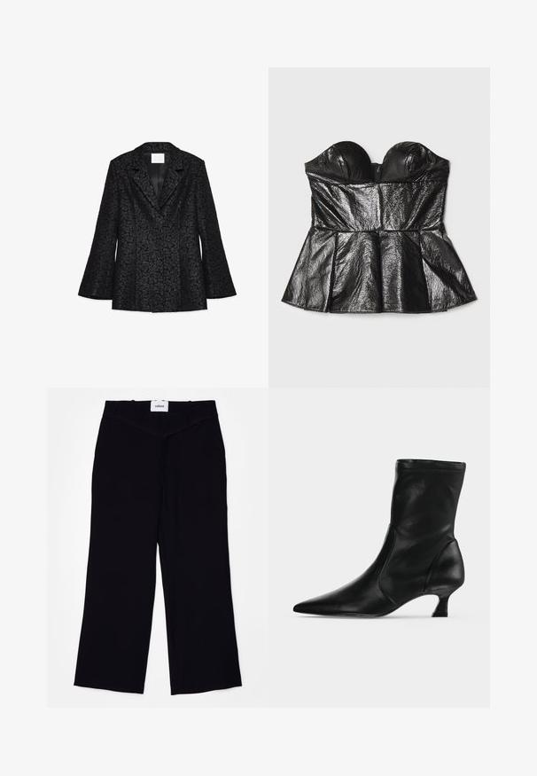 Sort blazer med blomstermønster, spidse klapper, lange, flagrende ærmer og en glat indvendig foret. Har en skræddersyet pasform og en struktureret form.; Sara Battaglia SWEETHEART - Top - black; Sorte brede bukser lavet af et glat stof. Har en flad talje med bælteløkker og en ren finish ved kanterne.; Sort læderstøvle til midt på læggen med spids tå og lav kittenhæl, vist fra siden på en ensartet lys baggrund.
