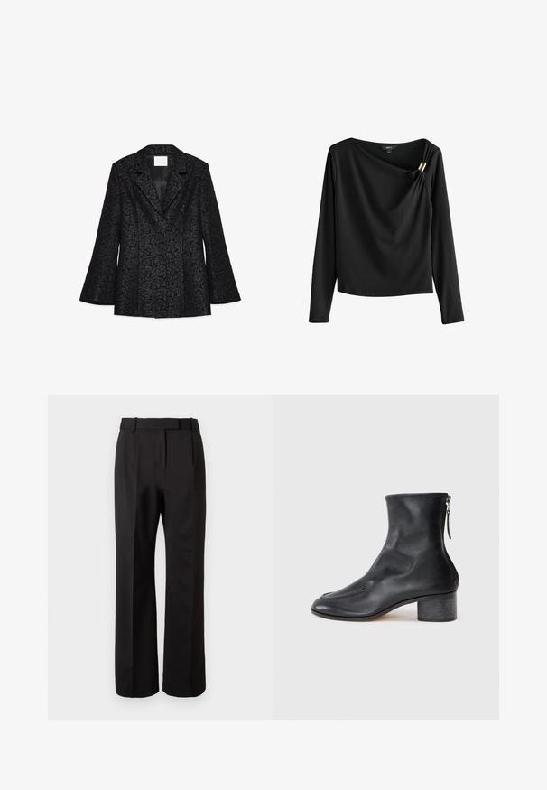 Schwarzer Blazer mit floraler Textur, mit Reverskragen, langen ausgestellten Ärmeln und einem glatten Innenfutter. Verfügt über eine taillierte Passform und eine strukturierte Form.; Schwarzes Langarmshirt mit drapiertem Ausschnitt und einem goldfarbenen Akzent auf der Schulter. Hergestellt aus glattem Stoff mit lockerem Schnitt.; Hoch taillierte schwarze Hose aus glattem Stoff, mit geradem Bein, seitlichen Taschen und Flachfront mit Falten.; Schwarze Leder-Stiefelette mit abgerundetem Zehenbereich, ausgestattet mit einem Blockabsatz und einem Reißverschluss auf der Rückseite. Glatte Textur mit dezenten Nähten.