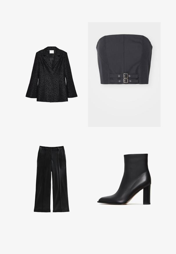 Sort blazer med blomstermønster, spidse klapper, lange, flagrende ærmer og en glat indvendig foret. Har en skræddersyet pasform og en struktureret form.; Sort cropped top uden stropper med struktureret bodice, der har syninge og dobbelte metalspænder foran til lukning.; Sorte faux læder bukser med bred benlinje, plisseringer, forlommer, en glat tekstur og en skræddersyet pasform. Har en mellem høj talje.; Sorte ankelstøvler lavet af tekstureret læder, med spids tå og en klodset, cylindrisk hæl. Glat finish med et slankt design.
