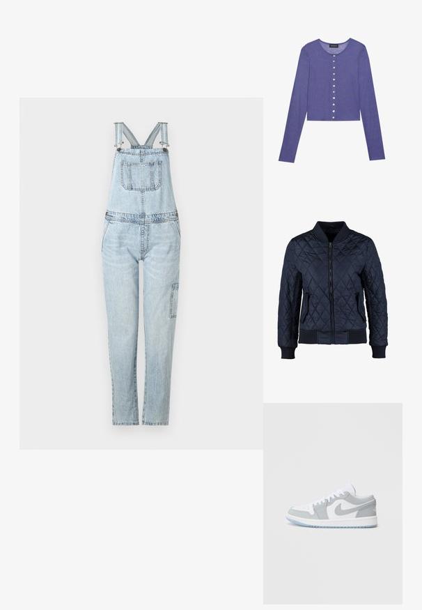 Marineblauwe gewatteerde bomberjack met een ritssluiting aan de voorkant, ribgebreide manchetten en zoom, twee zijzakken en een ruitpatroon op de stof.; Lichtblauwe denim overall met verstelbare schouderbanden, een borstzak en taps toelopende pijpen. Heeft een zijzak op het rechterbeen.; Paarse lange mouw cropped cardigan met een ronde halslijn en zeven knoopsluitingen aan de voorkant, voorzien van een gestructureerd breipatroon.; Nike-sneakers met een mix van grijs en wit leer, geperforeerde neus, veters en een lichtblauwe buitenzool met logo-ontwerp.
