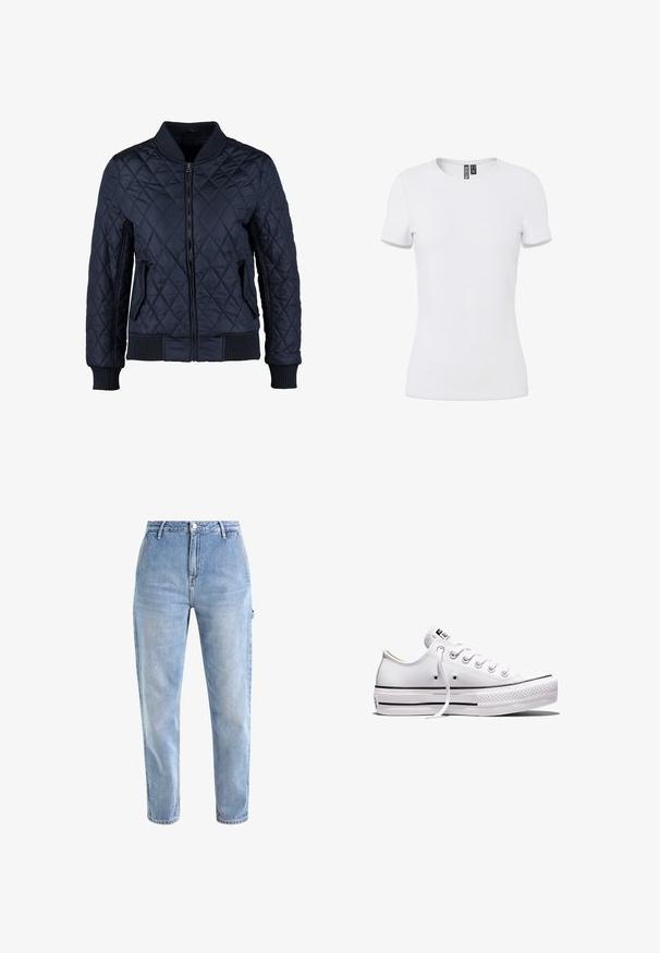 Veste bomber matelassée bleue marine avec fermeture éclair à l'avant, poignets et ourlet côtelés, deux poches latérales et un motif en losanges sur le tissu.; T-shirt blanc ajusté à manches courtes avec col rond et étiquette intérieure visible au niveau du col, présenté sur un fond uni.; Jean en denim bleu clair avec taille haute, jambe fuselée, cinq poches et fermeture à bouton en métal classique. Texture légèrement délavée sur l'ensemble.; Baskets basses en toile blanche avec lacets blancs, semelle en caoutchouc, détails à rayures noires, et écusson logo sur la languette et le talon.