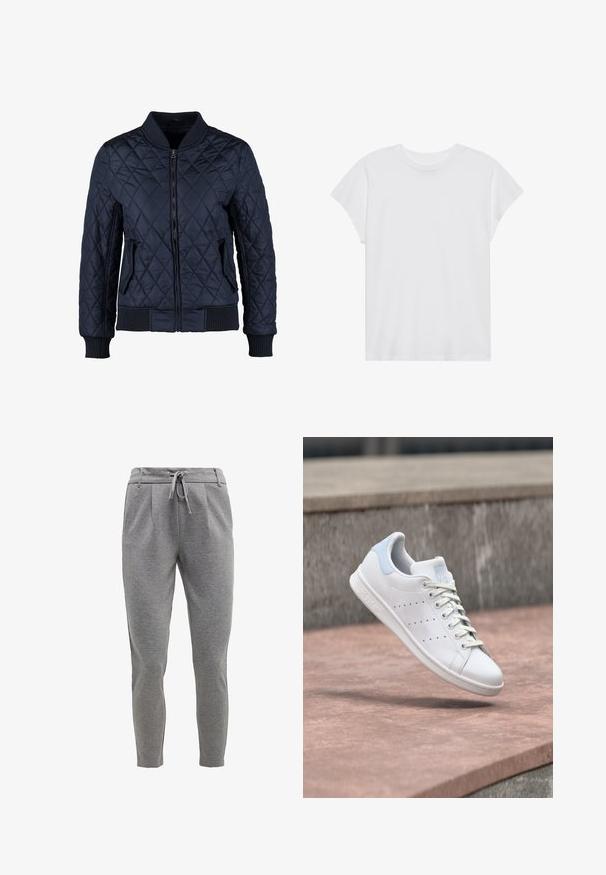 Veste bomber matelassée bleue marine avec fermeture éclair à l'avant, poignets et ourlet côtelés, deux poches latérales et un motif en losanges sur le tissu.; T-shirt blanc à manches courtes, col rond, coupe décontractée, en tissu de coton doux. Texture lisse, sans motifs ni logos.; Pantalons de survêtement gris en tissu doux, dotés d'une taille avec cordon de serrage, de jambes fuselées et de poches latérales. Texture lisse avec un léger motif chiné.; Baskets en cuir blanc avec languette de talon bleu clair, bandes latérales perforées et lacets, flottant au-dessus des marches en pierre en plein air.