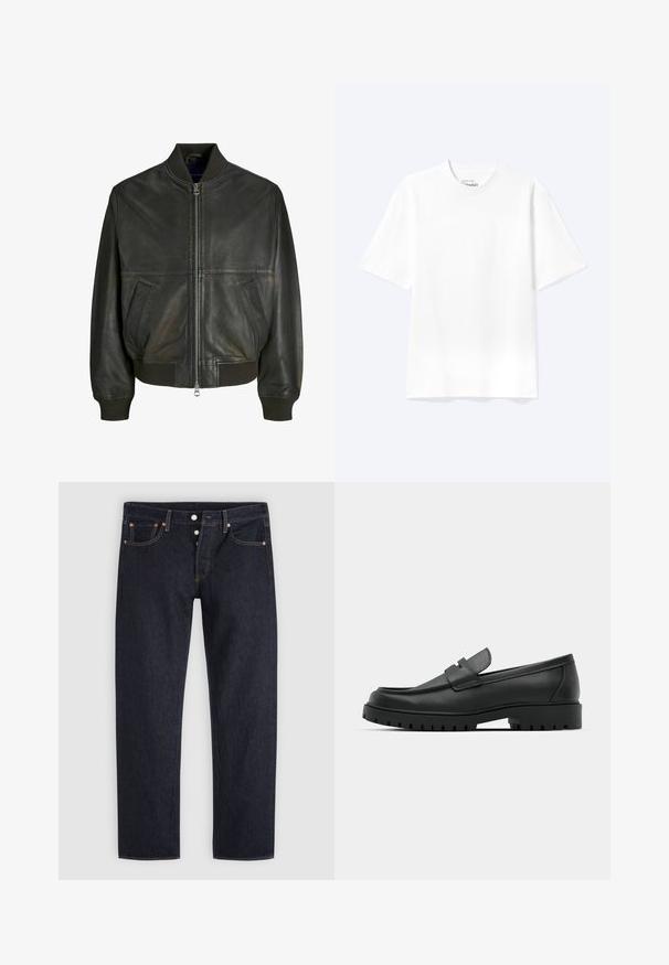 Chaqueta bomber de cuero negro con cuello acanalado, cierre de cremallera y dos bolsillos laterales. Presenta una textura suave y un diseño ajustado.; Camiseta lisa blanca de manga corta y cuello redondo con un corte relajado, mostrada sobre un fondo claro.; Vaqueros azul oscuro de pierna recta con bragueta de botones, bolsillos delanteros y traseros, y detalles de remaches de cobre sobre un fondo gris claro.; Mocasines de cuero negro con punta redonda, que cuentan con un diseño cosido, suela de plataforma baja y una suela de goma texturada y con tacos.