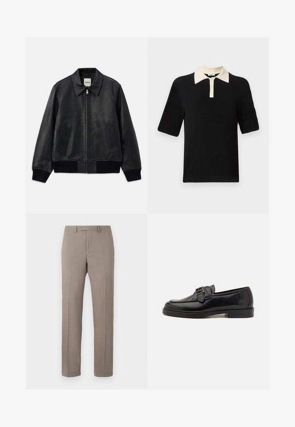 Veste en cuir noir de type bomber avec un col, fermeture éclair à l'avant et deux poches latérales. Comprend des poignets et un ourlet côtelés pour un look ajusté.; Polo noir à manches courtes avec un col crème et trois boutons crème sur la patte de boutonnage avant.; Pantalon droit beige sur mesure avec passants pour ceinture, fermeture éclair avant et plis repassés, présenté sur un fond blanc.; Mocassins en cuir noir avec un bout arrondi et une boucle décorative. Talon plat, solide et texture lisse sur l'ensemble.