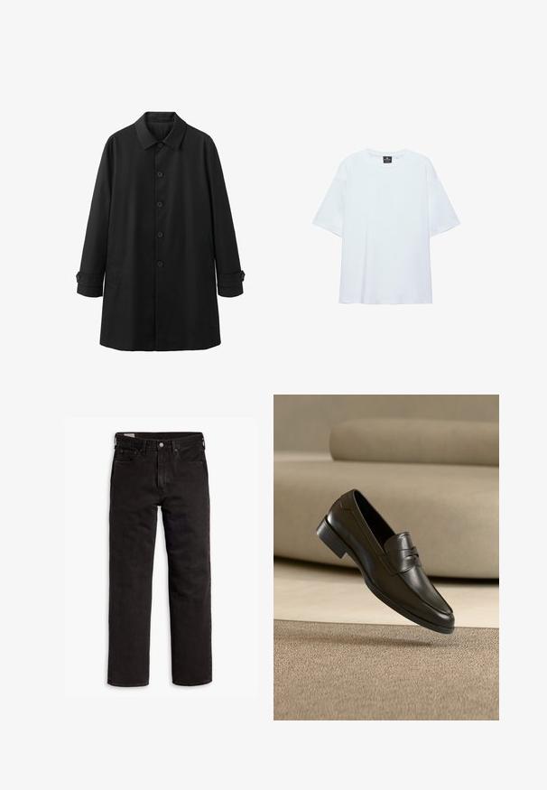 Manteau noir pour hommes à manches longues avec fermeture à boutons, col pointu, poches latérales et poignets boutonnés, présenté sur un fond blanc.; T-shirt blanc uni oversize à manches courtes avec col rond et étiquette noire à l'intérieur du col sur fond blanc.; Jean en denim noir à jambes droites avec cinq poches, fermeture à bouton et passants de ceinture, posés à plat sur un fond blanc.; Mocassin en cuir noir flottant au-dessus d'un tapis beige avec un canapé beige en arrière-plan, mettant en valeur le design classique pour hommes sans lacets.