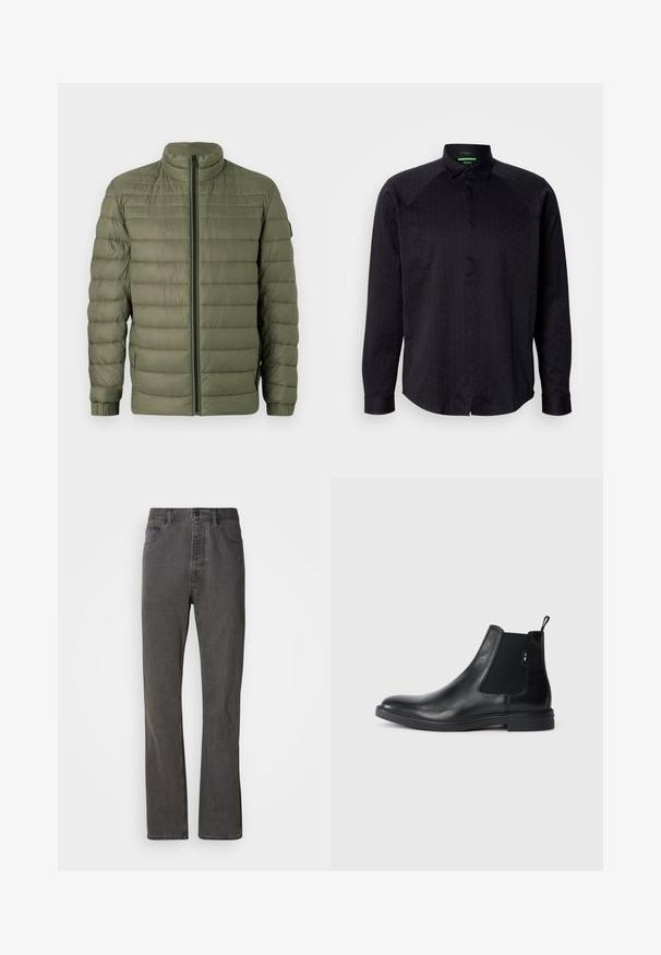 BOSS ODEN - Winterjas - open green; Zwarte lange mouwen shirt met een getextureerd geometrisch patroon, gespreide kraag, knoopsluiting en gebogen zoom. Stof lijkt glad. Logo op de borst.; Grijze spijkerbroek met een rechte pijp, voorzien van voorzakken, een knoopsluiting en een subtiele textuur.; Zwarte leren Chelsea-boots met elastische zijpanelen, een treklipje en een vlakke rubberen zool. Gladde textuur met minimale details.