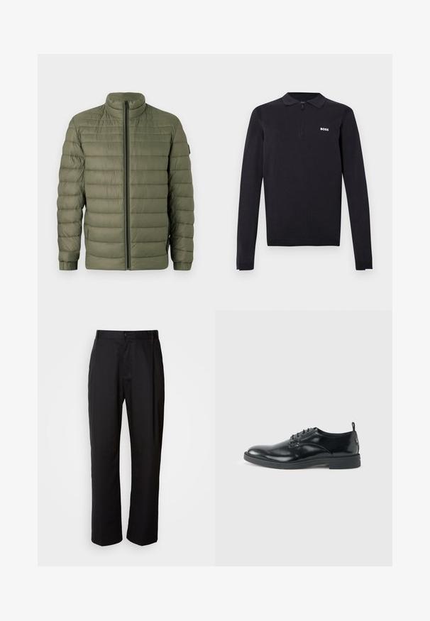 BOSS ODEN - Winterjas - open green; Zwart poloshirt met lange mouwen van gebreide stof. Heeft een halve rits kraag, een slanke pasvorm en een klein wit logo op de borst.; Zwarte broek met een rechte snit, gemaakt van lichtgewicht stof. Heeft een frontale knoopsluiting en twee zijzakken; gladde textuur.; Glanzende zwarte lederen nette schoen met lage hak, vetersluiting en ronde neus, van opzij getoond tegen een effen lichte achtergrond.
