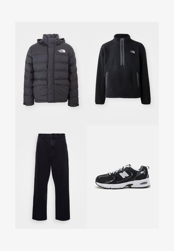 Mustaline polsterdatud jope, millel on kõrge krae ja reguleeritav kapuuts, ning millel on North Face'i logo. Kaks esistoorikut, millel on sile tekstuur.; Mustmust poolikitkiga musta fleecematerjalist, millel on kõrge krae, rinna tasku ja kaks küljetaskut. Kujunduses on kontrastne lukku detail.; Mustad denimitüüpi püksid otse lõikega, varustatud nööbi ja tõmbluku kinnitusega, vöörihmadega ning minimaalsete õmbluse detailidega.; Must värvi ja hallid spordijalatsid, mille ülemine osa on valmistatud võrgust ja nahast, valge vaheosaga, paeltega ja küljel julge "N" logo.