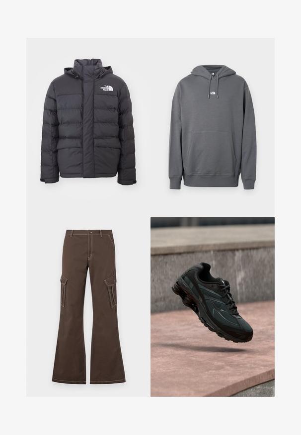Veste rembourrée noire avec un col montant et une capuche ajustable, arborant le logo North Face. Deux poches avant avec une texture lisse.; Hoodie gris en tissu doux, avec une poche kangourou, une capuche à cordon, des poignets côtelés et un petit logo sur la poitrine.; Pantalons cargo marron avec des jambes évasées, dotés de poches latérales, d'accents de couture blanche et d'une fermeture à bouton en métal.; Baskets athlétiques noires avec une semelle intercalaire à coussin d’air visible flottant au-dessus d’une surface en pierre rose avec un mur en pierre gris en arrière-plan.