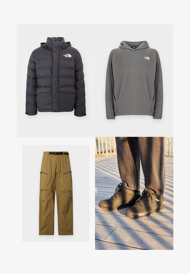 Veste rembourrée noire avec un col montant et une capuche ajustable, arborant le logo North Face. Deux poches avant avec une texture lisse.; Sweat à capuche en polaire grise avec une poche avant, une capuche à cordon de serrage ajustable et un petit logo blanc sur le côté gauche de la poitrine.; Pantalon de plein air kaki avec ceinture noire réglable, deux poches zippées sur les cuisses et coutures au niveau des genoux, présenté sur un fond uni.; Des bottes de randonnée Timberland noires présentent un design montante, une surface texturée et des lacets ronds, le tout sur un fond de sol en bois.