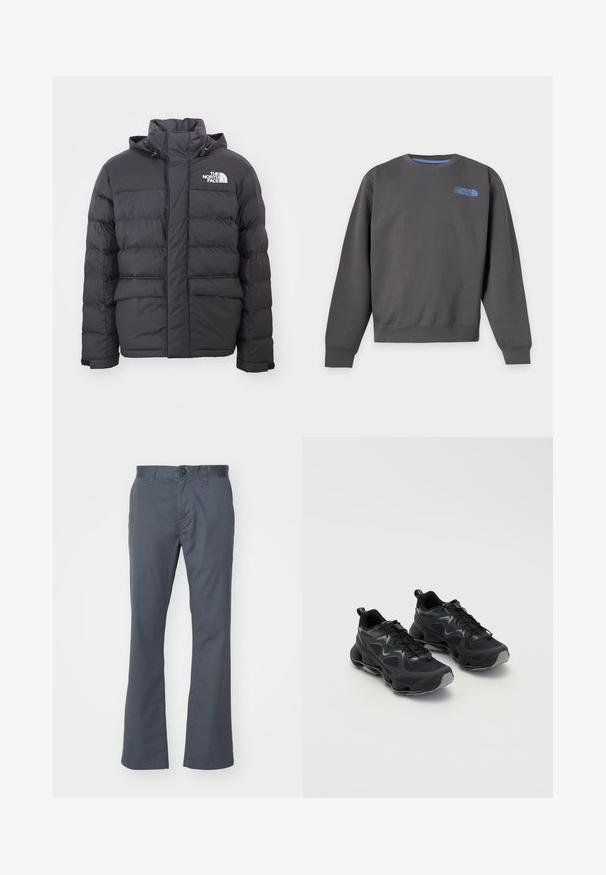 Zwarte gewatteerde jas met een hoge kraag en verstelbare capuchon, voorzien van het North Face-logo. Twee voorzakken met een gladde textuur.; Donkergrijze trui met ronde hals, lange mouwen en een klein blauw The North Face-logo op de bovenste linkerborst.; Donkergrijze, recht gesneden broek van een katoenmix, met een knoopsluiting aan de voorkant, riemlussen en standaardzakken. Gladde textuur.; Zwarte sportschoenen met een gestructureerde mesh bovenkant, voorzien van een chunky zool, vetersluiting en subtiele grijze accenten.