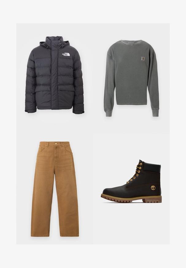 Zwarte gewatteerde jas met een hoge kraag en verstelbare capuchon, voorzien van het North Face-logo. Twee voorzakken met een gladde textuur.; Grijze langekatoenen sweatshirt met crewneck en ribbeltextuur, voorzien van een klein vierkant logopatch op de linkerborst en ribgebreide manchetten.; Recht gesneden bruine broek met hoge taille, riemlussen, knoopsluiting en voor- en achterzakken, weergegeven op een effen witte achtergrond.; Zwarte leren enkellaars met gouden oogjes, bruine accenten en een rubberen zool. Heeft een gevoerde kraag en geperst logo aan de zijkant.