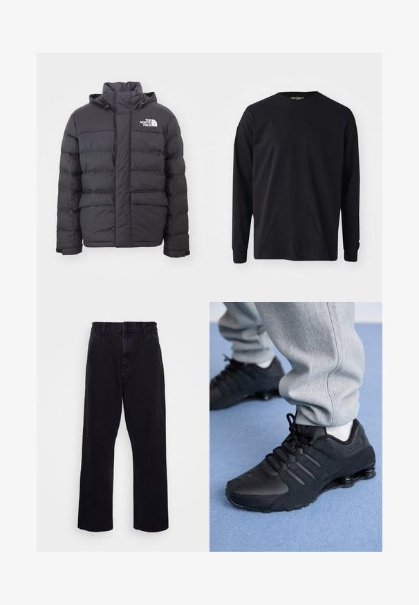 Zwarte gewatteerde jas met een hoge kraag en verstelbare capuchon, voorzien van het North Face-logo. Twee voorzakken met een gladde textuur.; Zwart langarm t-shirt van katoen, met een ronde halslijn en rechte snit, voorzien van een klein logo detail op de mouw.; Zwarte denim broek met een rechte pijpdesign, voorzien van een knoop- en ritssluiting, riemlussen en minimale stikdetails.; Persoon in zwarte Nike Shox sneakers en een grijze joggingbroek staand op een lichtblauw tapijt.