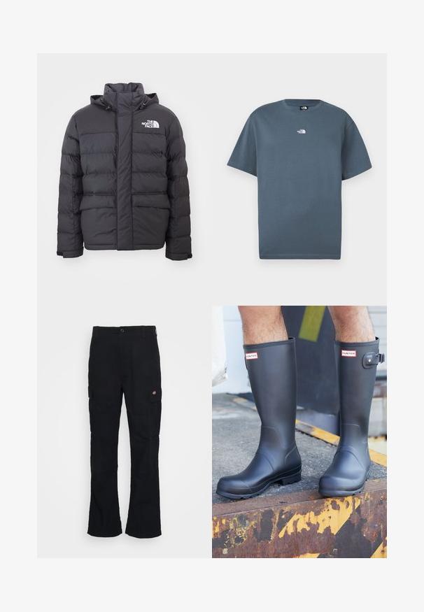 Čierna prešívaná bunda s vysokým golierom a nastaviteľnou kapucňou, so štítkom North Face. Dvoje predné vrecká s hladkým povrchom.; Modré tričko s krátkym rukávom a okrúhlym výstrihom, s malým bielym logom "The North Face" umiestneným na strede hrudníka.; Čierne cargo nohavice so vzorom rovného strihu, vyrobené z odolnej tkaniny, s bočnými vreckami a nášivkou logo na ľavej strane.; Osoba nosiaca čierne Hunter gumáky stojaca na zhrdzavnutom kovovom okraji so žlto-čiernymi výstražnými značkami.