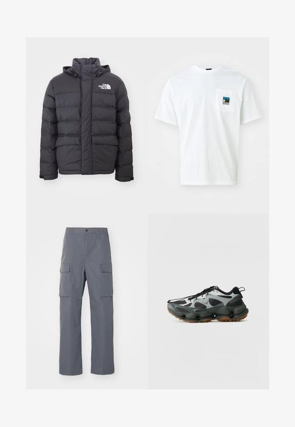 Zwarte gewatteerde jas met een hoge kraag en verstelbare capuchon, voorzien van het North Face-logo. Twee voorzakken met een gladde textuur.; Witte katoen T-shirt met korte mouwen, voorzien van een borstzak met een gekleurd graphic van bergen en de tekst "THE NORTH FACE."; Grijze cargobroek van duurzaam materiaal. Kenmerken zijn een elastische tailleband, twee grote zijzakken en een rechte pijp.; Zwarte en grijze sportschoenen met een bovenwerk van mesh, een sculptuurzool en een rubberen buitenzool. Voorzien van een veilig vetersysteem en een trekband aan de hiel.