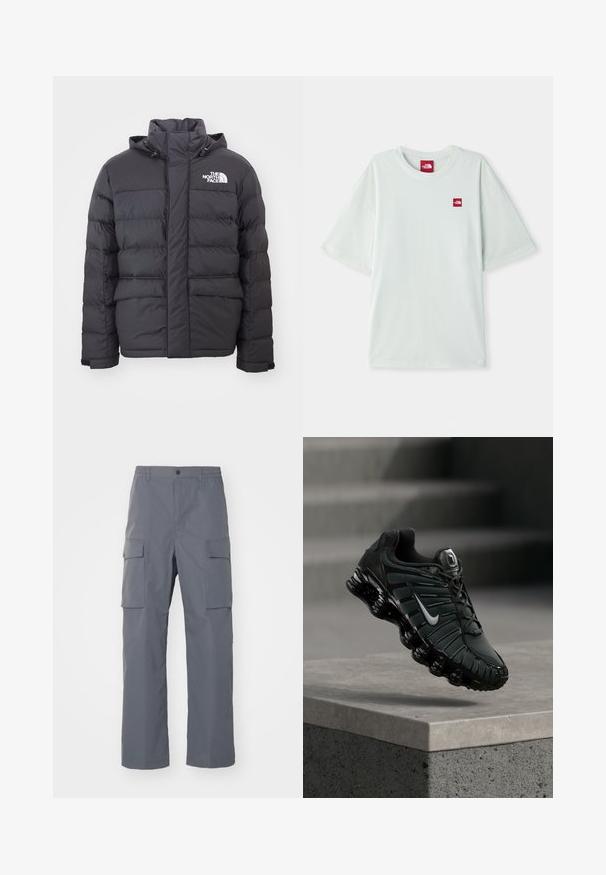 Veste rembourrée noire avec un col montant et une capuche ajustable, arborant le logo North Face. Deux poches avant avec une texture lisse.; T-shirt à manches courtes vert clair en coton doux, arborant une petite étiquette logo rouge sur la zone gauche de la poitrine. Coupe décontractée et col rond.; Pantalons cargo gris en tissu résistant. Les caractéristiques incluent une taille élastique, deux grandes poches latérales et une coupe droite.; Chaussure de course Nike noire et gris foncé avec logo swoosh blanc suspendue au-dessus d'un rebord en béton, avec des escaliers en arrière-plan.