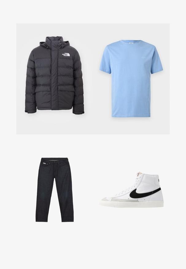 Zwarte gewatteerde jas met een hoge kraag en verstelbare capuchon, voorzien van het North Face-logo. Twee voorzakken met een gladde textuur.; Lichtblauw T-shirt met korte mouwen en ronde hals, met een klein wit "JOOP! JEANS" logo op de linkerborst.; Donkerblauwe spijkerbroek met rechte pijpen, voorzien van vijf zakken en minimale stikseldetails voor een strakke uitstraling.; Witte hoge sneakers met een zwarte swoosh, textuur grijze neus en een vlakke witte zool. Kenmerkt zes veteropeningen en gestikte accenten.