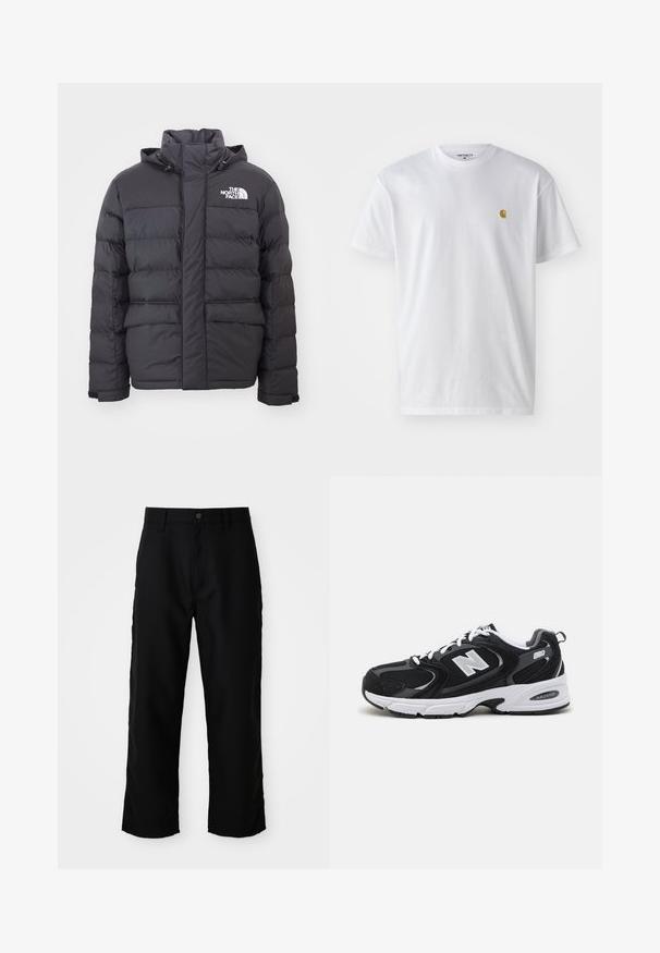 Veste rembourrée noire avec un col montant et une capuche ajustable, arborant le logo North Face. Deux poches avant avec une texture lisse.; T-shirt en coton blanc à manches courtes, col rond, avec un petit logo doré sur la poitrine gauche. Texture douce et coupe régulière.; Pantalons droits noirs avec passants de ceinture, bouton frontal et fermeture éclair sur fond clair uni.; Baskets de sport noires et grises avec un tige en mesh et en suède, présentant une semelle intermédiaire blanche, des lacets et un logo "N" audacieux sur le côté.