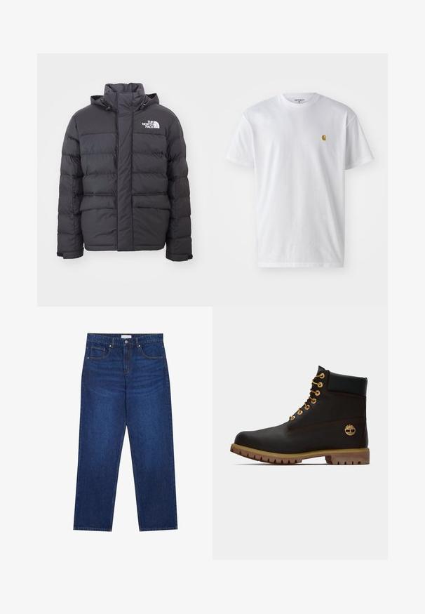 Mustaline polsterdatud jope, millel on kõrge krae ja reguleeritav kapuuts, ning millel on North Face'i logo. Kaks esistoorikut, millel on sile tekstuur.; Valge puuvillane t-särk lühikeste varrukatega, ümmargune kaelus, millel on väike kuldne logo vasakul rinnal. Pehme tekstuur ja regulaarne lõike.; Tumed sinised teksad otse jalgadega, mis sisaldavad nupuklappi ja lukku, viit taskut ning nähtavaid õmbluse detaile.; Must have kuld moodustatud mustast nahast pahkluu saapad kullavärvi silmadega, pruuni aktsentidega ja kummitald. Omab pehmendatud krae ja kõrvale reljeefset logo.