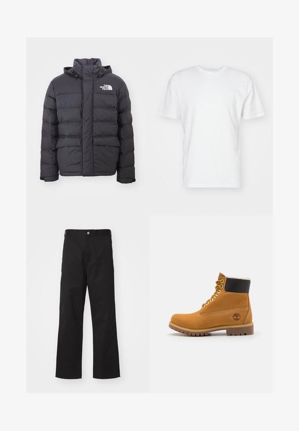 Veste rembourrée noire avec un col montant et une capuche ajustable, arborant le logo North Face. Deux poches avant avec une texture lisse.; T-shirt en coton blanc à manches courtes, encolure ronde et texture lisse. Design simple sans motifs ni graphiques.; Pantalons noirs en tissu durable avec une coupe droite, dotés d'une fermeture à bouton à l'avant, de passants de ceinture et sans motifs ni accents visibles.; Bottine en cuir brun avec œillets en métal, doublure en fourrure blanche, col rembourré noir, semelle robuste et logo en relief sur le côté.
